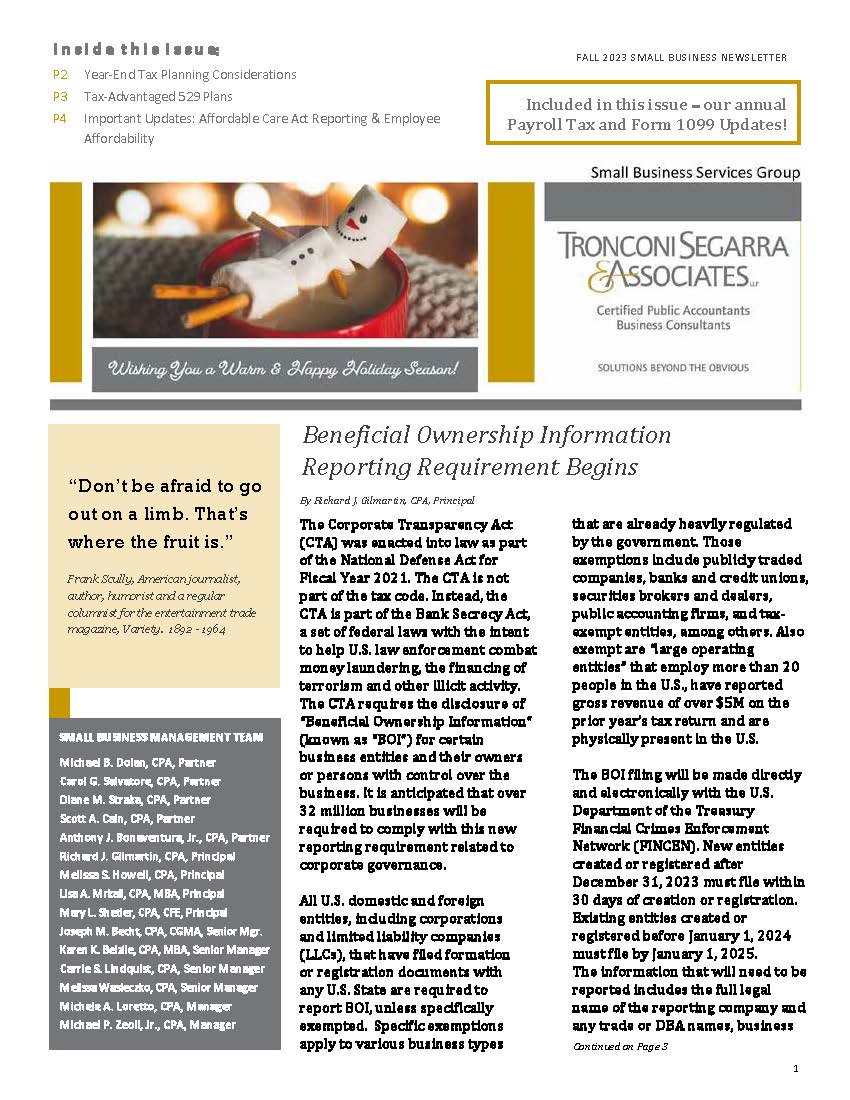 Fall 2023 Newsletter Annual Payroll IRS Form 1099 Update Tronconi   Tronconi Segarra Associates Fall 2023 Newsletter AND Annual Payroll Form 1099 Update Page 01 